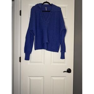 Free People Marlie Oversized V Neck Sweater Large Royal Blue